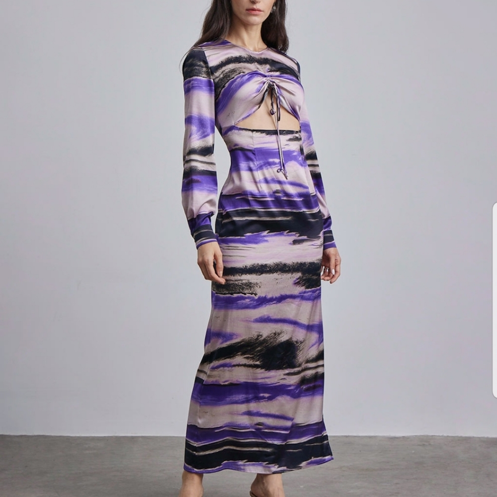 Marbled Cut-Out Silk Maxi Dress (Indigo Marble Pattern) - Silk Maison